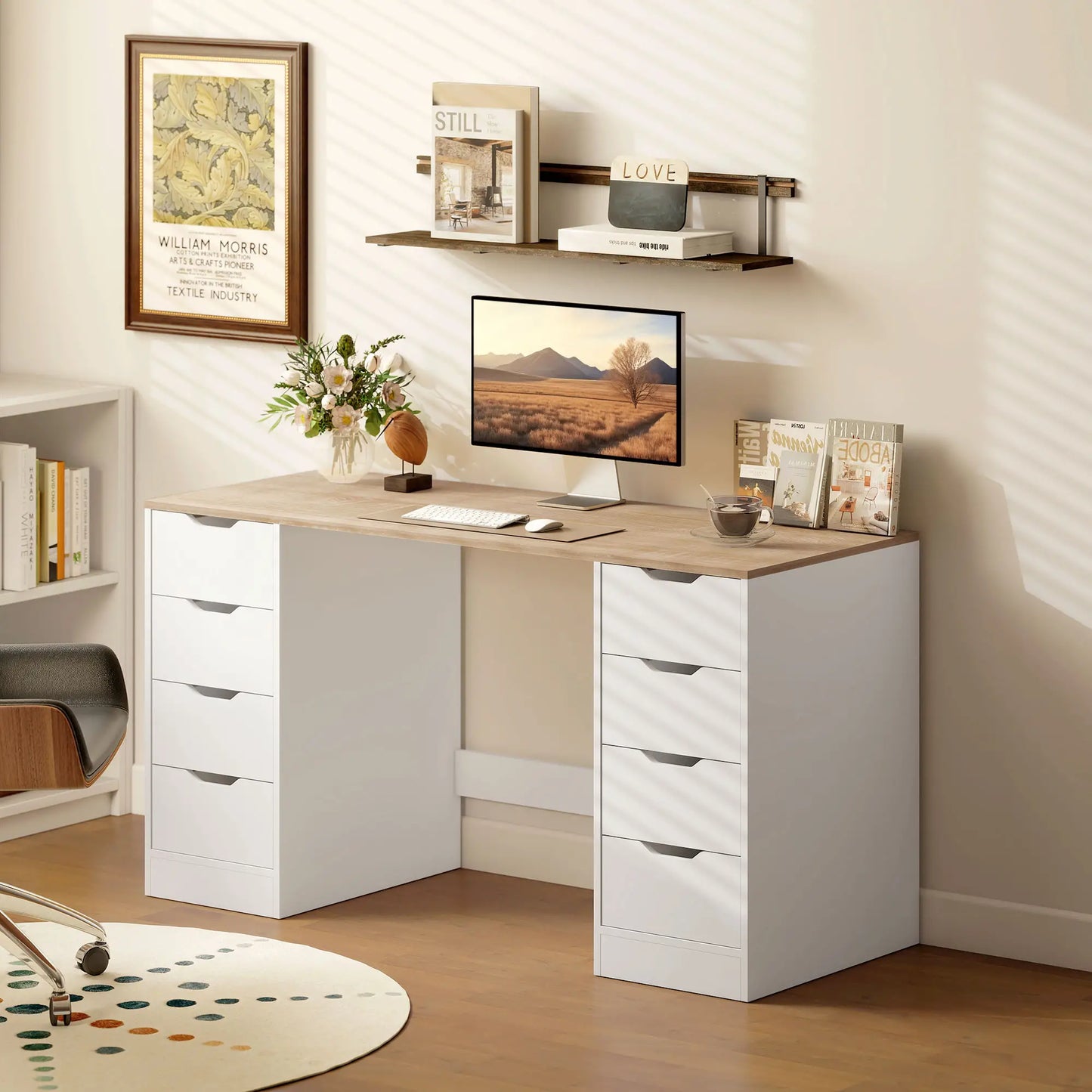 Desk With 8 Drawers, 55.1"W, White, Modern Computer Desk, White