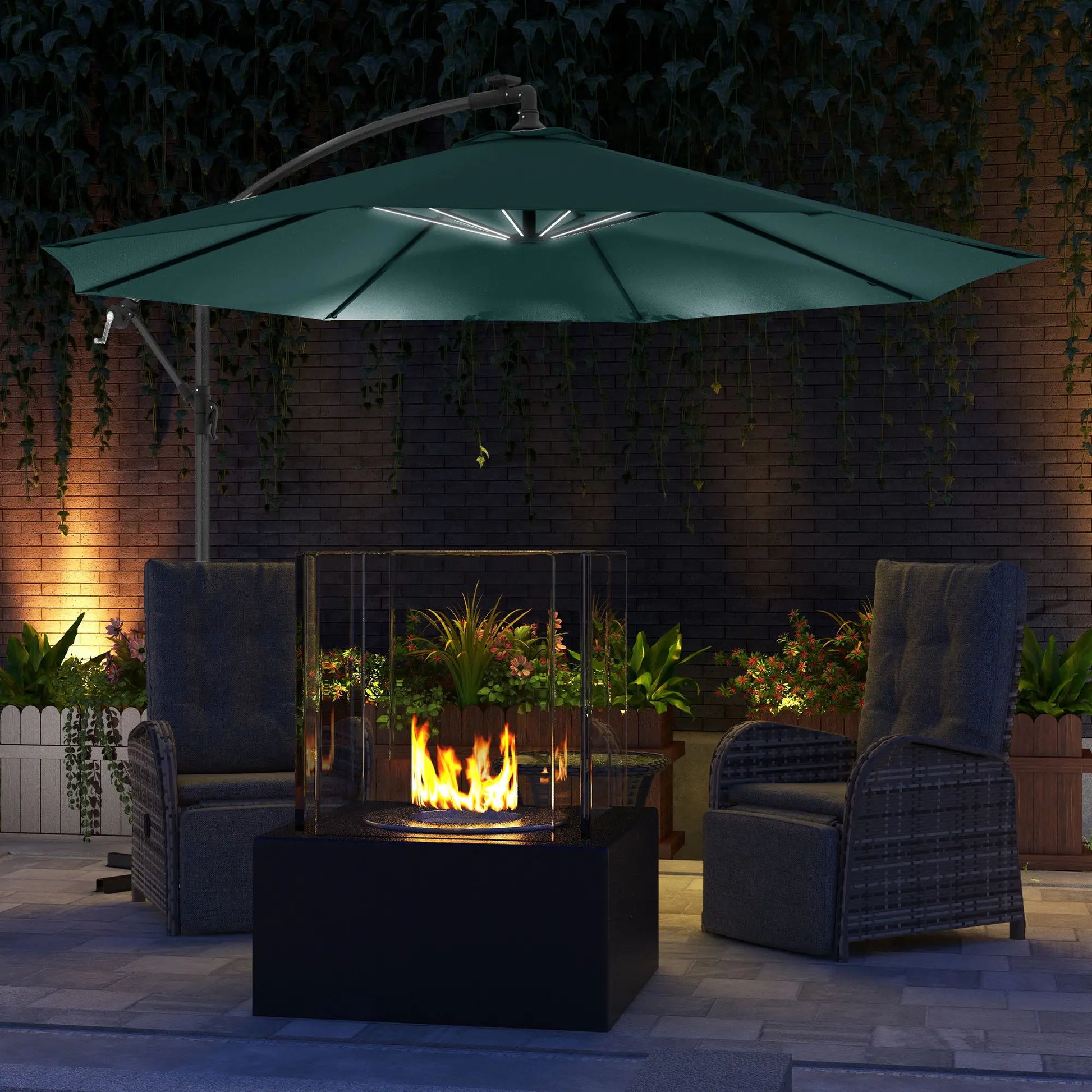 10ft Outdoor Cantilever Umbrella, Solar LED Lights, Crank, Green Cantilever Umbrellas at Gallery Canada