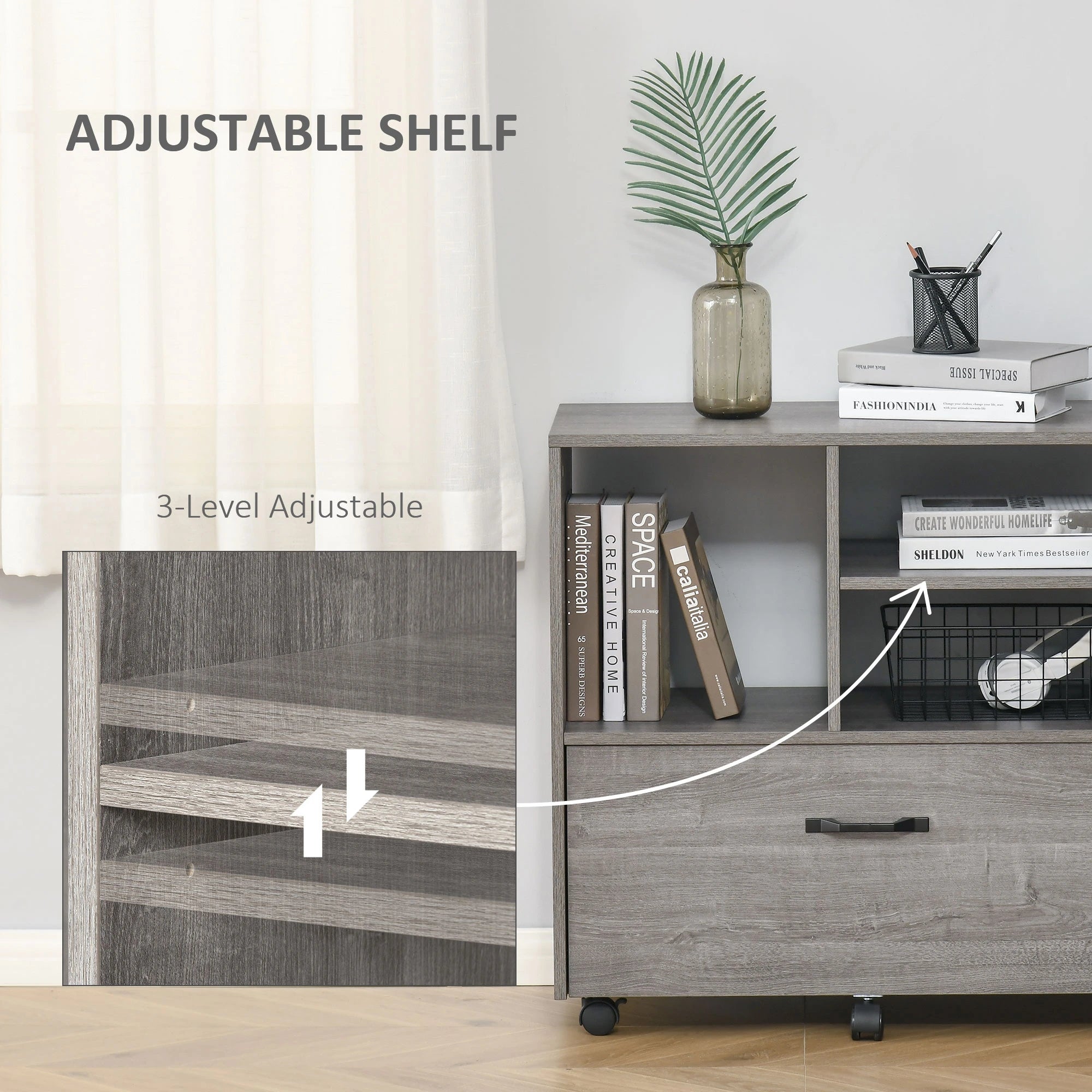 Lateral Filing Cabinet, Open Shelf, Mobile with Wheels, Letter Legal Size, Grey Office Cabinets & Cupboards at Gallery Canada