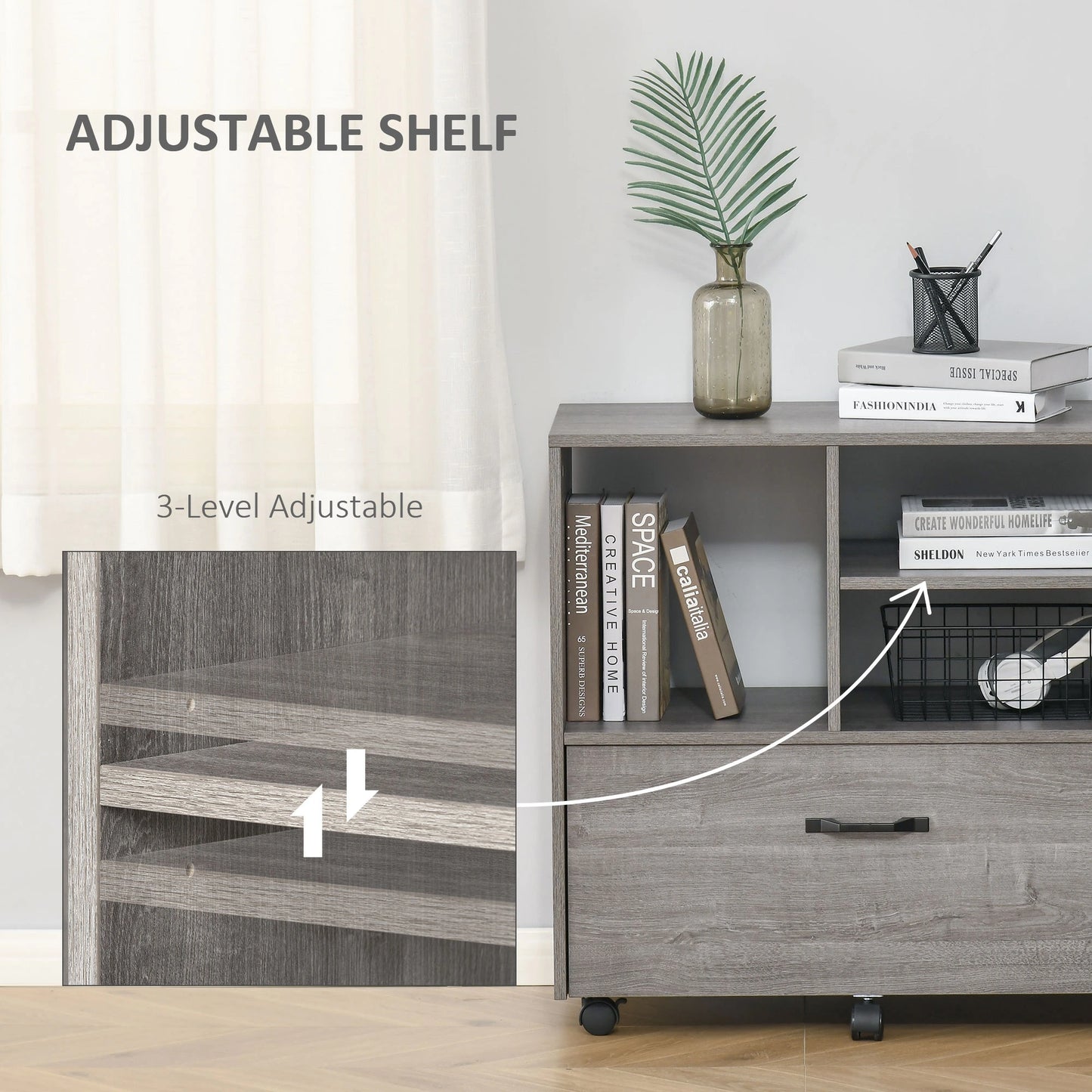 Lateral Filing Cabinet, Open Shelf, Mobile with Wheels, Letter Legal Size, Grey Office Cabinets & Cupboards at Gallery Canada