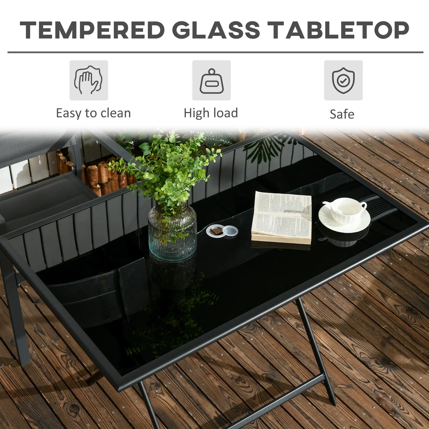 Foldable Outdoor Dining Table, Umbrella Hole, Glass Top, Metal Frame, Black Patio Side Tables at Gallery Canada
