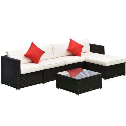 6-Piece Outdoor PE Rattan Sofa Set, Thick Cushions, Glass Top Table, Dark Coffee, Cream White