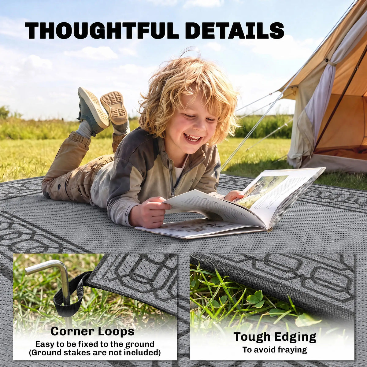 Portable Outdoor Rug, 9' x 12', Waterproof, Reversible, Black and Grey Outdoor Reversible Rugs at Gallery Canada