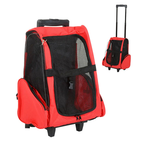 2-in-1 Pet Luggage Box Backpack Carrier, Rolling Wheel, Red