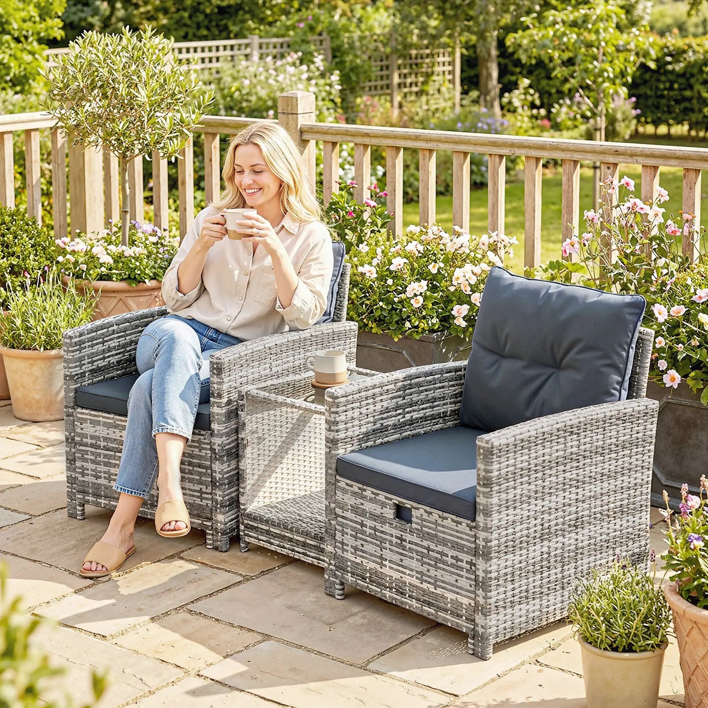 5 Piece Patio Furniture Set, Wicker Chairs, 2-Tier Glass Table, Grey/Dark Grey Patio Furniture Sets at Gallery Canada