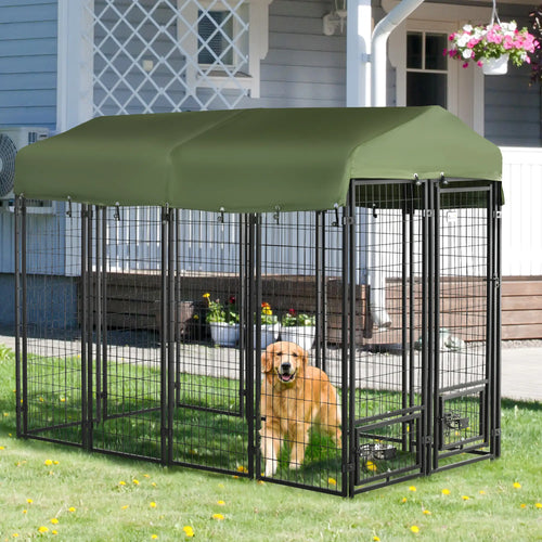 Outdoor Dog Kennel, Lockable Pet Playpen, Welded Steel Fence, Rotating Bowl, Green