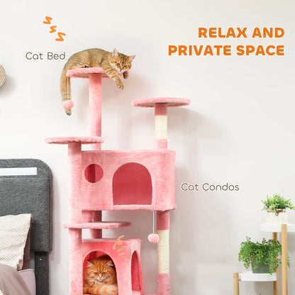 63" Cat Tree, Multi-Level Tower With Scratching Posts, Condos, Bed, Pink