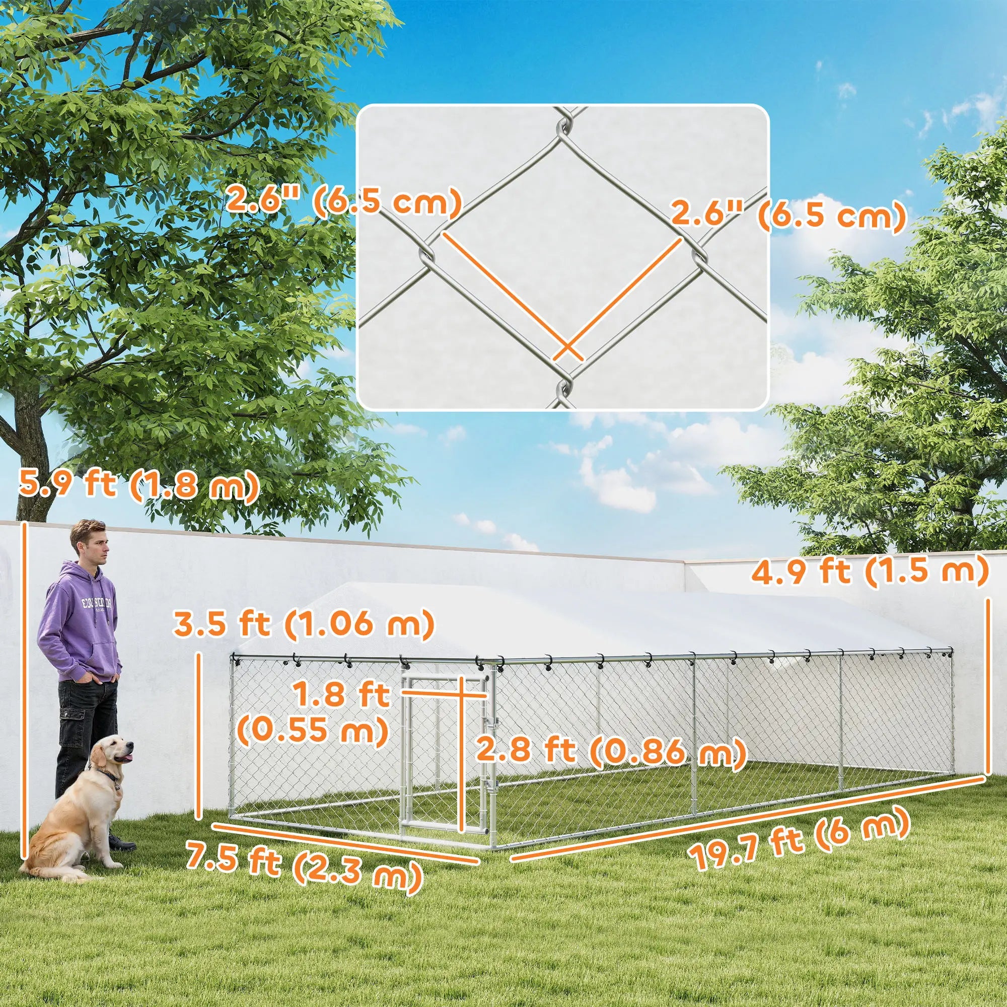Outdoor Dog Kennel, 19.7' x 7.5' x 4.9', Galvanized Steel Chain Link, Silver Dog Kennels at Gallery Canada