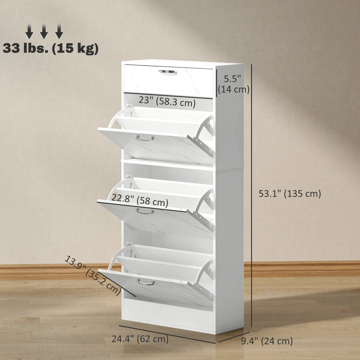 3 Flip Drawer Shoe Cabinet, Marble-Effect Narrow, White