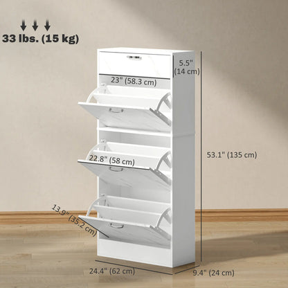 3 Flip Drawer Shoe Cabinet, Marble-Effect Narrow, White