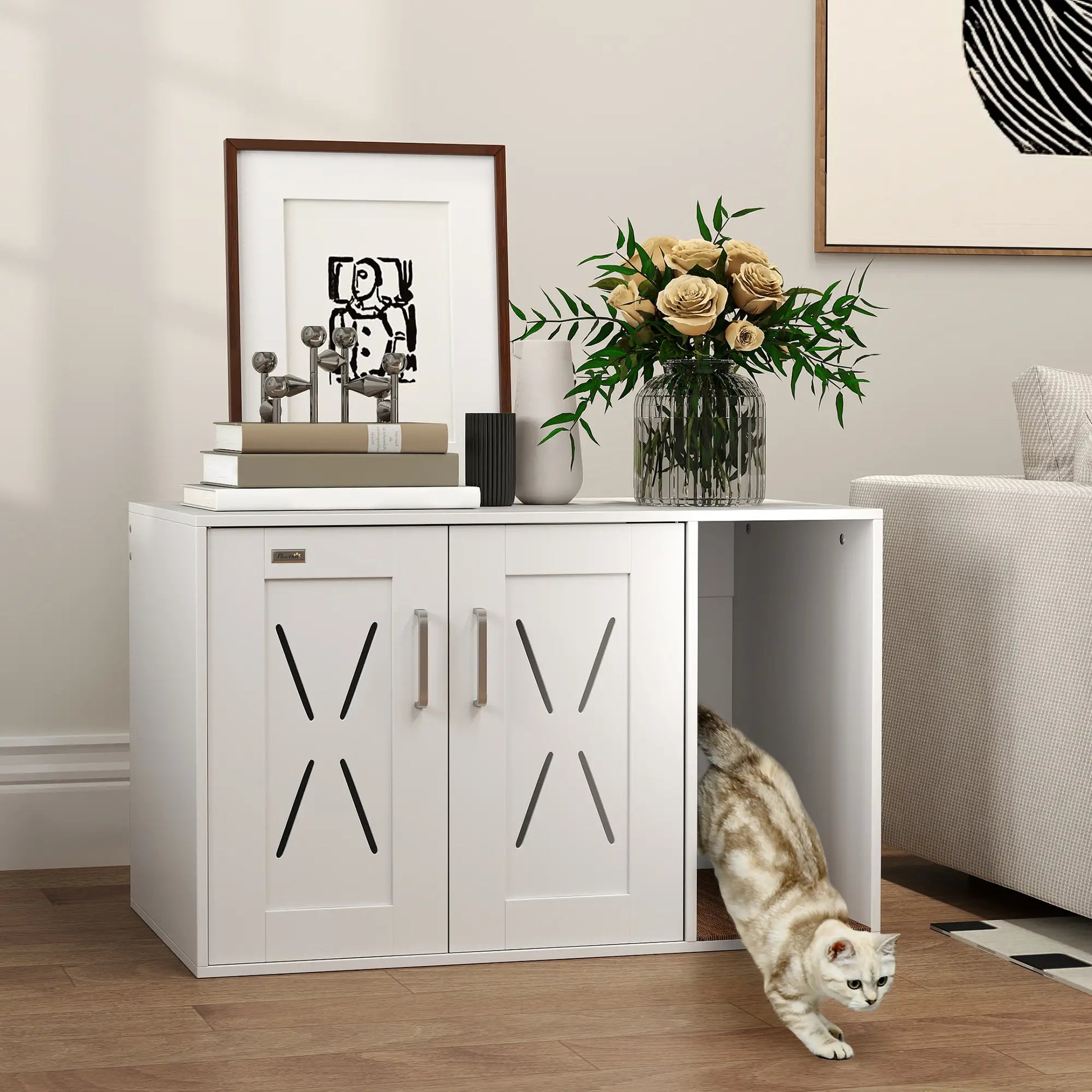 Hidden Cat Litter Box Enclosure with Scratching Board, 31.5" x 19" x 20", White Cat Litter Box Enclosures at Gallery Canada