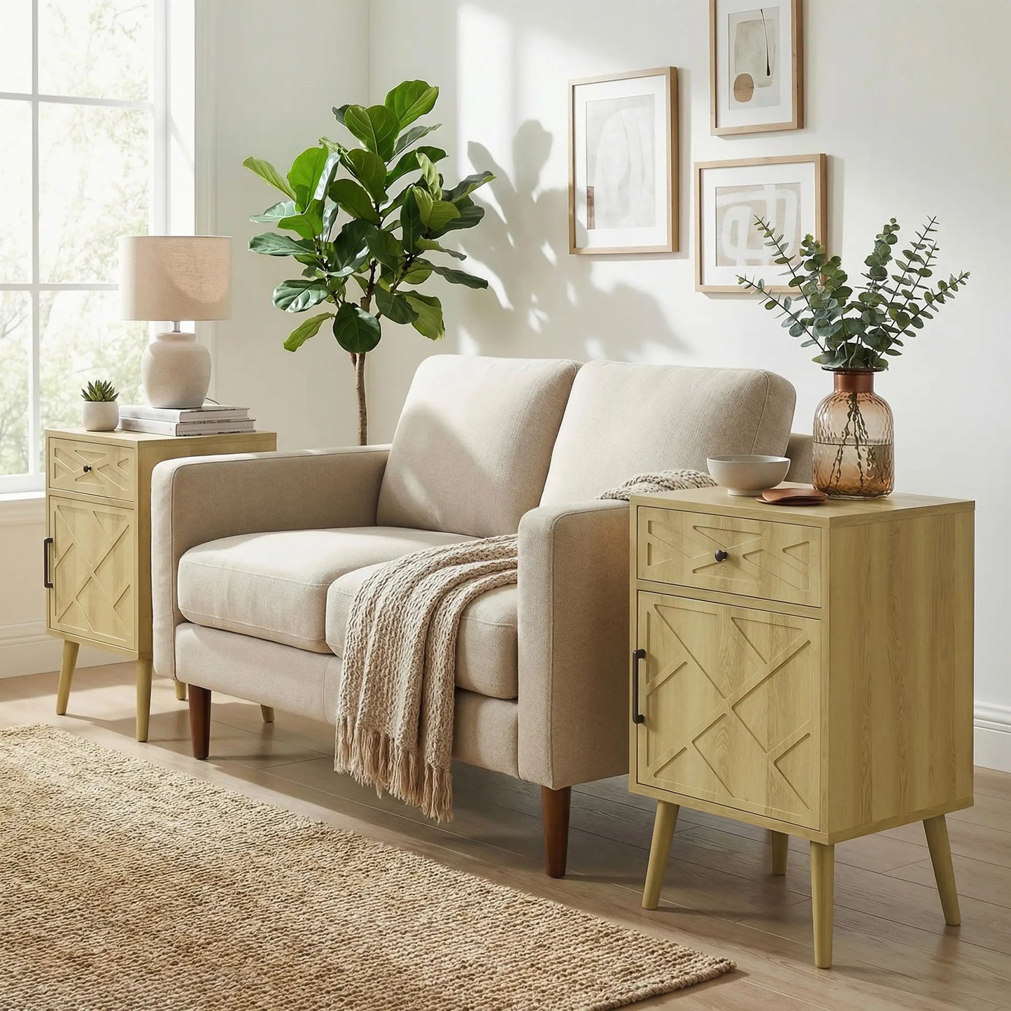 Nightstand Set Of 2, Oak, With Drawer And Cabinet Storage Side Tables at Gallery Canada