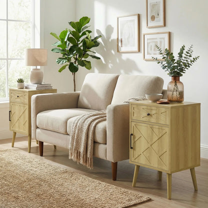 Nightstand Set Of 2, Oak, With Drawer And Cabinet Storage Side Tables at Gallery Canada