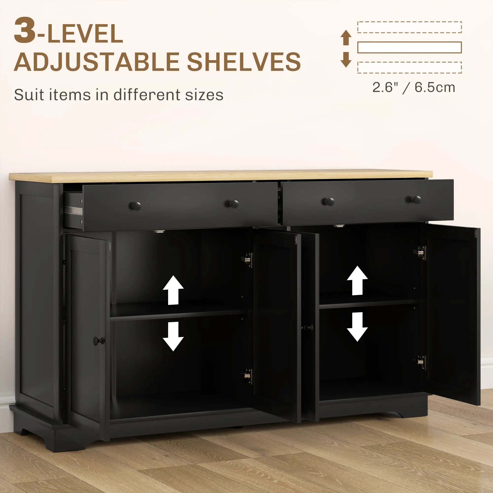 Modern Sideboard, Buffet Cabinet with Drawers, Adjustable Shelves, Black Storage Cabinets at Gallery Canada