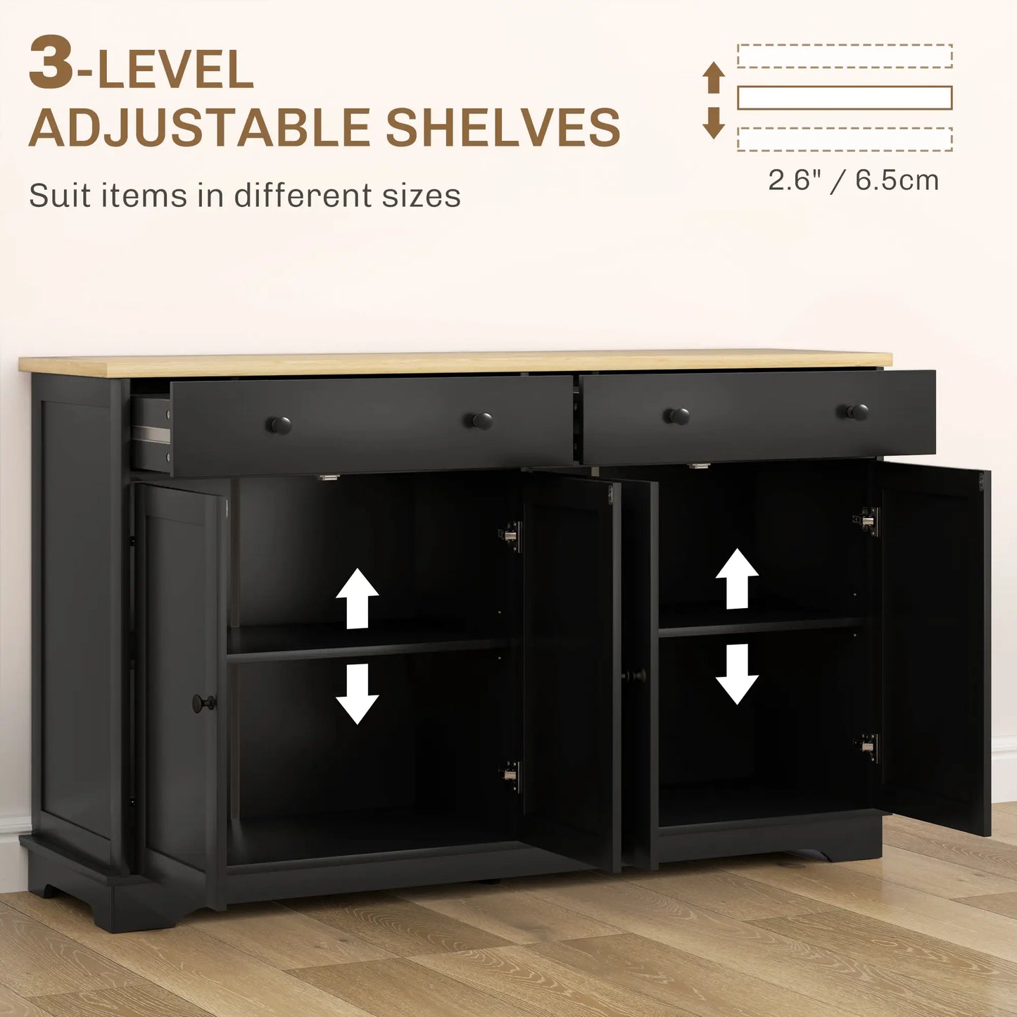 Modern Sideboard, Buffet Cabinet with Drawers, Adjustable Shelves, Black Storage Cabinets at Gallery Canada