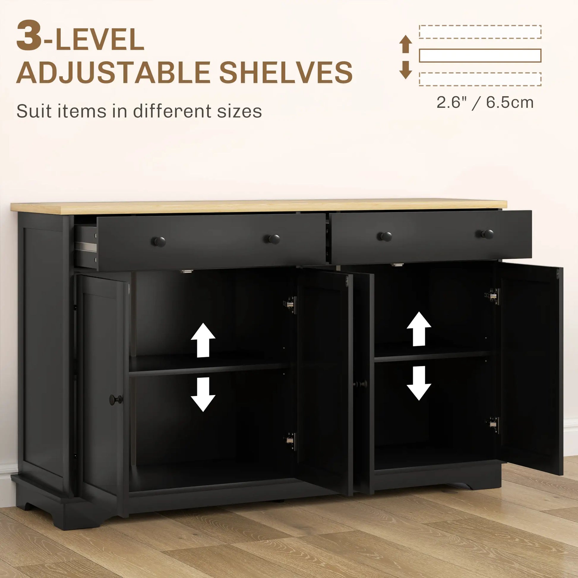 Modern Sideboard, Buffet Cabinet with Drawers, Adjustable Shelves, Black Storage Cabinets at Gallery Canada
