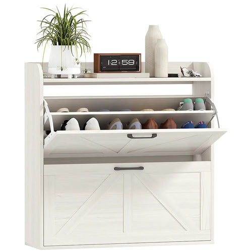 Narrow Shoe Storage Cabinet, 2 Flip Drawers, Adjustable Shelves, White Oak