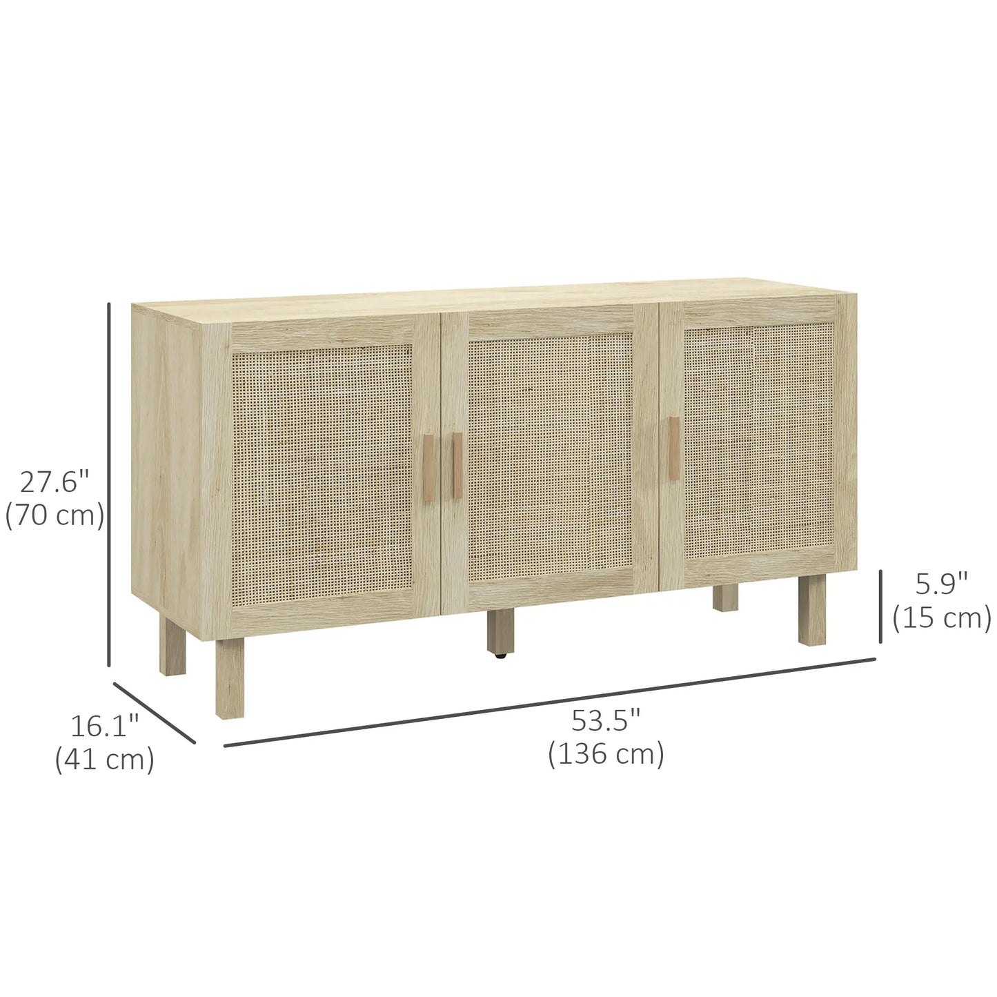 Boho Sideboard Buffet, 3 Rattan Doors, Adjustable Shelves, Natural Storage Cabinets at Gallery Canada