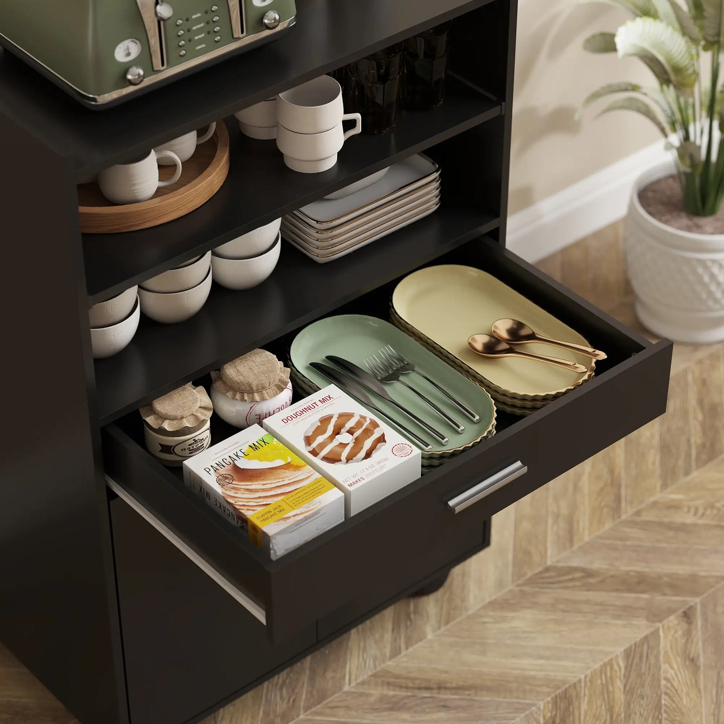 Microwave Cart with Wheels, Open Shelves and Drawer, Black Kitchen Islands & Kitchen Carts at Gallery Canada