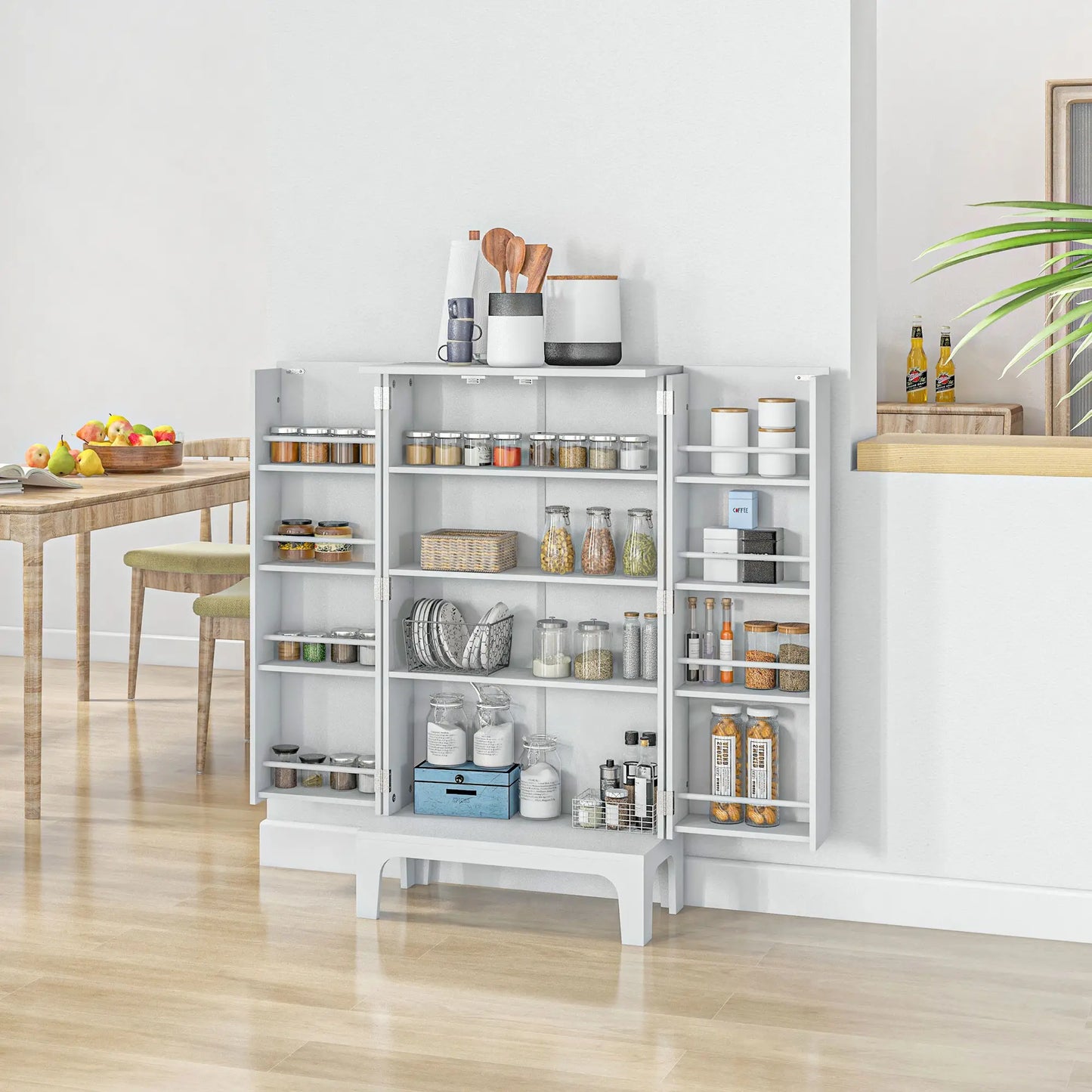 44" Storage Cabinet, 2-Door Kitchen Pantry, 4-Tier Shelving, 8 Spice Racks