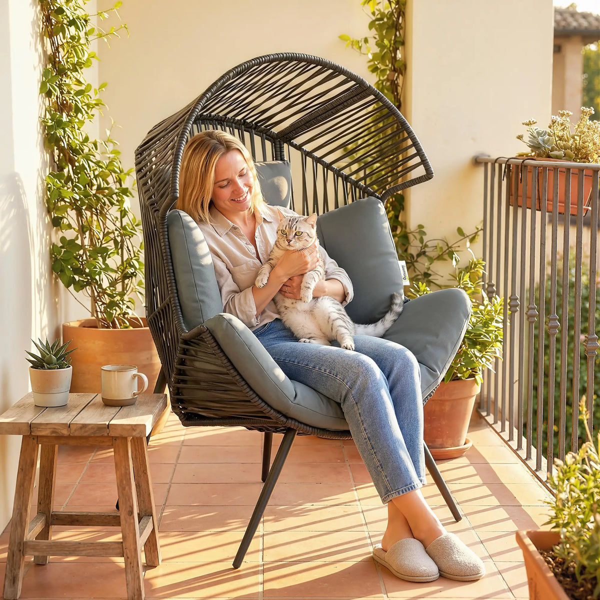 Wicker Egg Chair, Indoor Outdoor Rattan Lounge Chair, Grey Patio Chairs at Gallery Canada