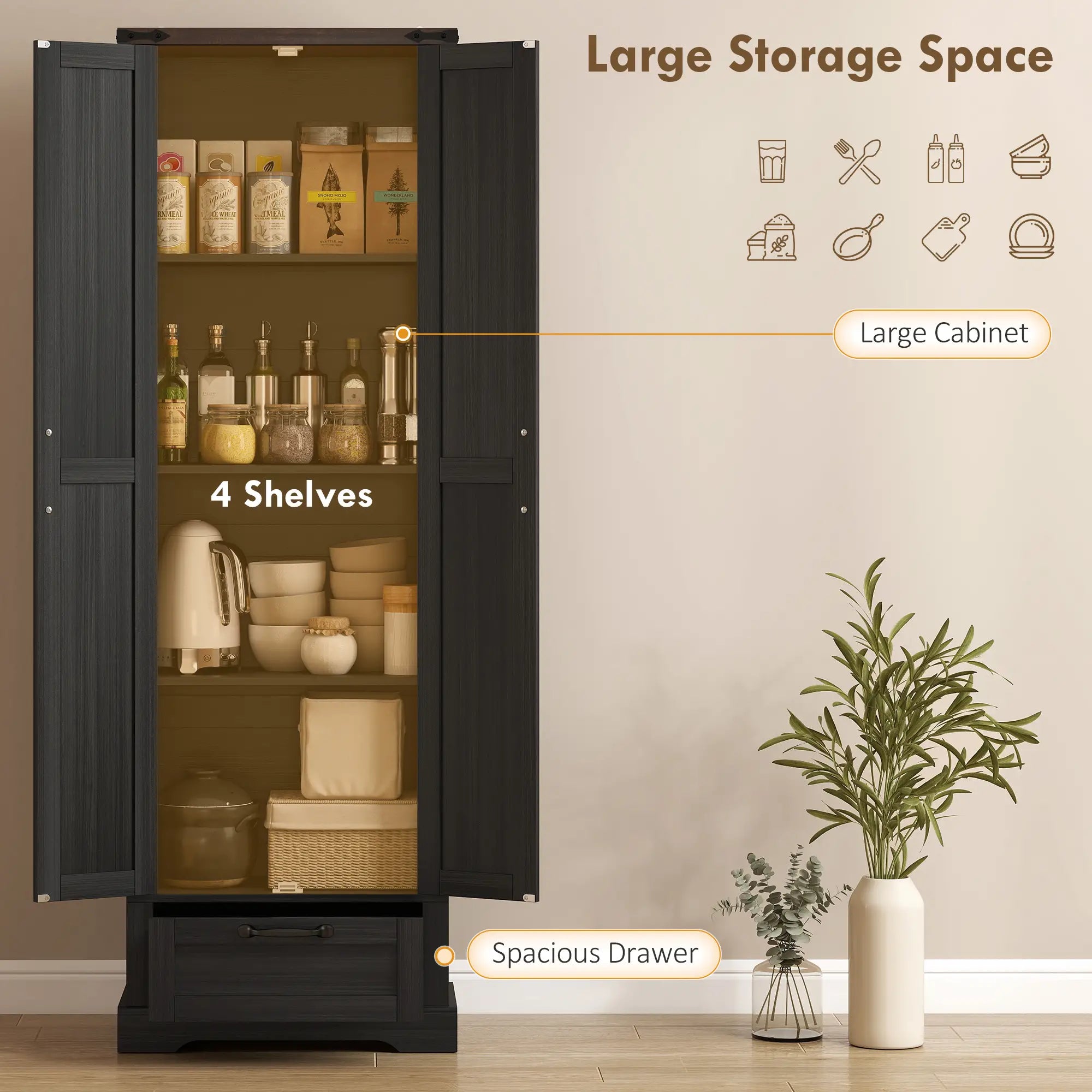71 Inch Pantry Cabinet, Kitchen Storage with Adjustable Shelves, 2 Doors, Drawer, Black Kitchen Pantry Cabinets at Gallery Canada