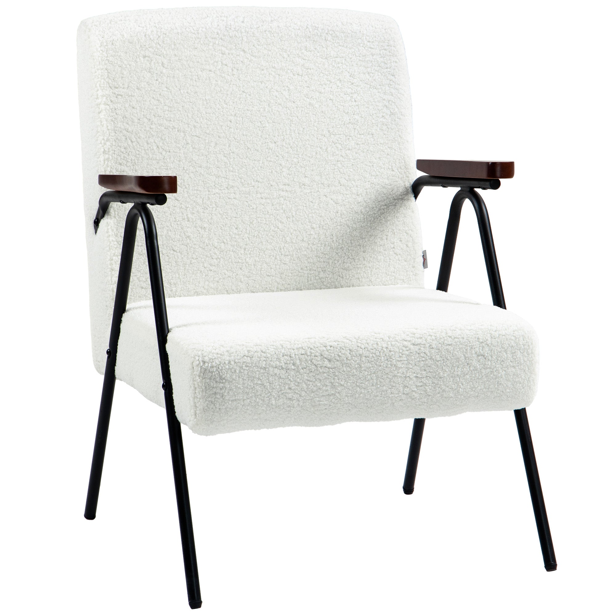 Modern Armchair, Upholstered Teddy Fleece Accent Chair with Wood Arms and Steel Frame for Living Room, Bedroom, White - Gallery Canada