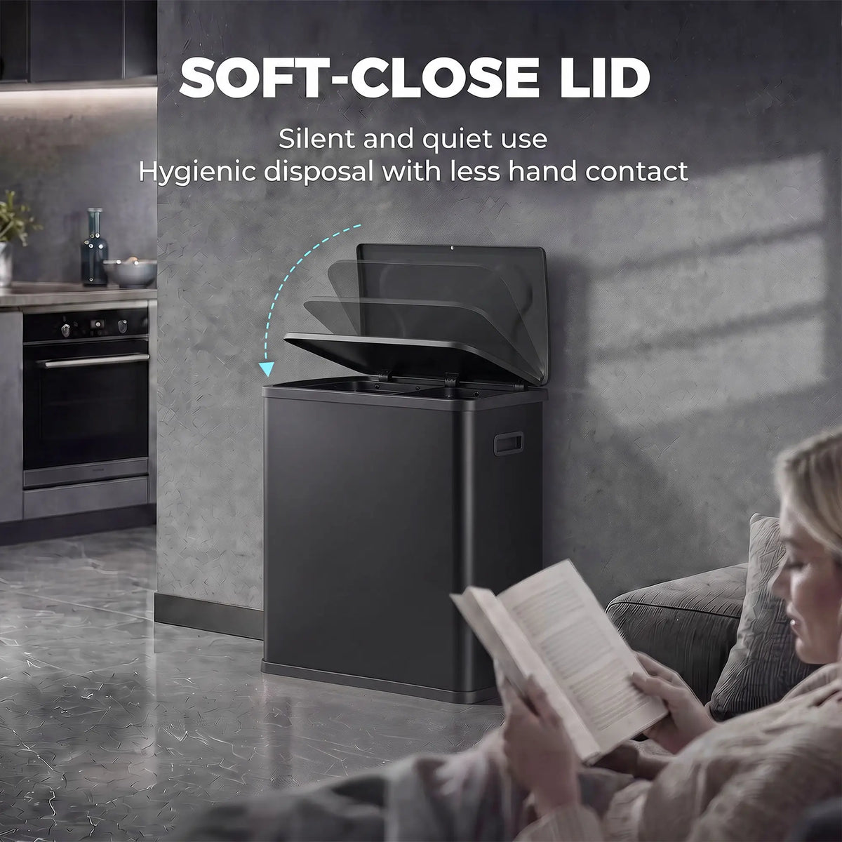 60L Touchless Trash Can, Dual Compartment, Stainless Steel, Black