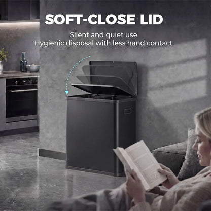 60L Touchless Trash Can, Dual Compartment, Stainless Steel, Black