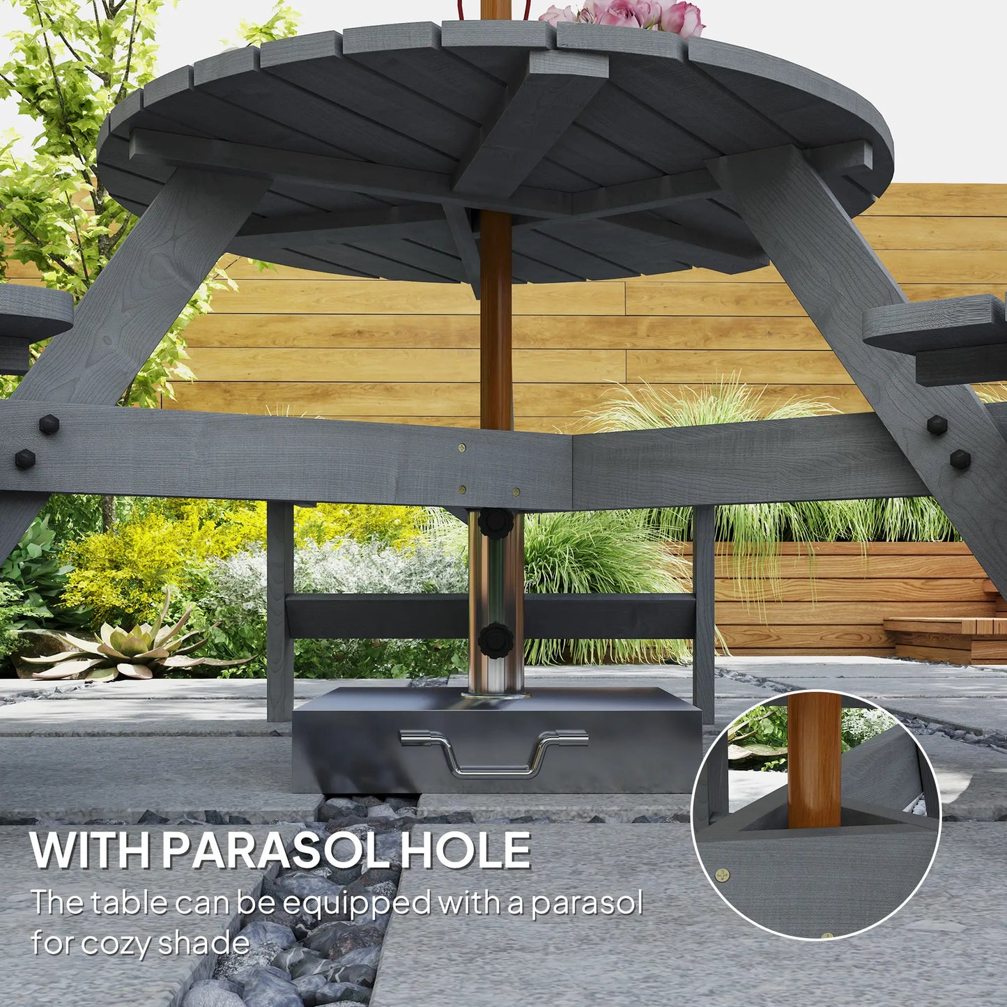 6 Person Round Picnic Table, With Umbrella Hole, 3 Built-in Benches, Grey Outdoor Dining Sets at Gallery Canada