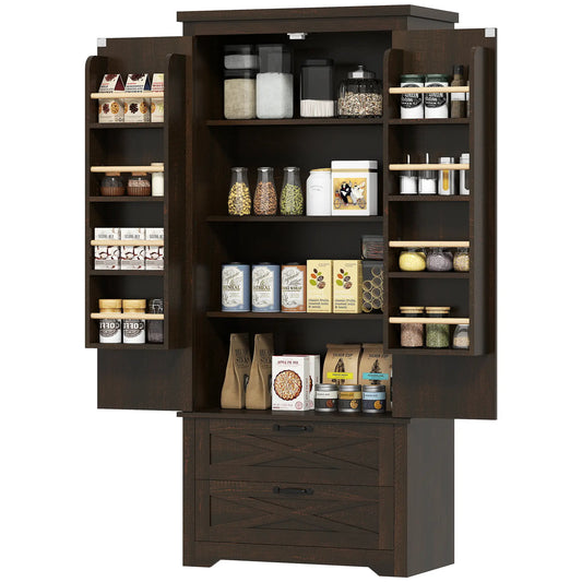 Farmhouse Kitchen Pantry Cabinet, 64", Distressed Dark Brown Kitchen Pantry Cabinets Distressed Dark Brown at Gallery Canada