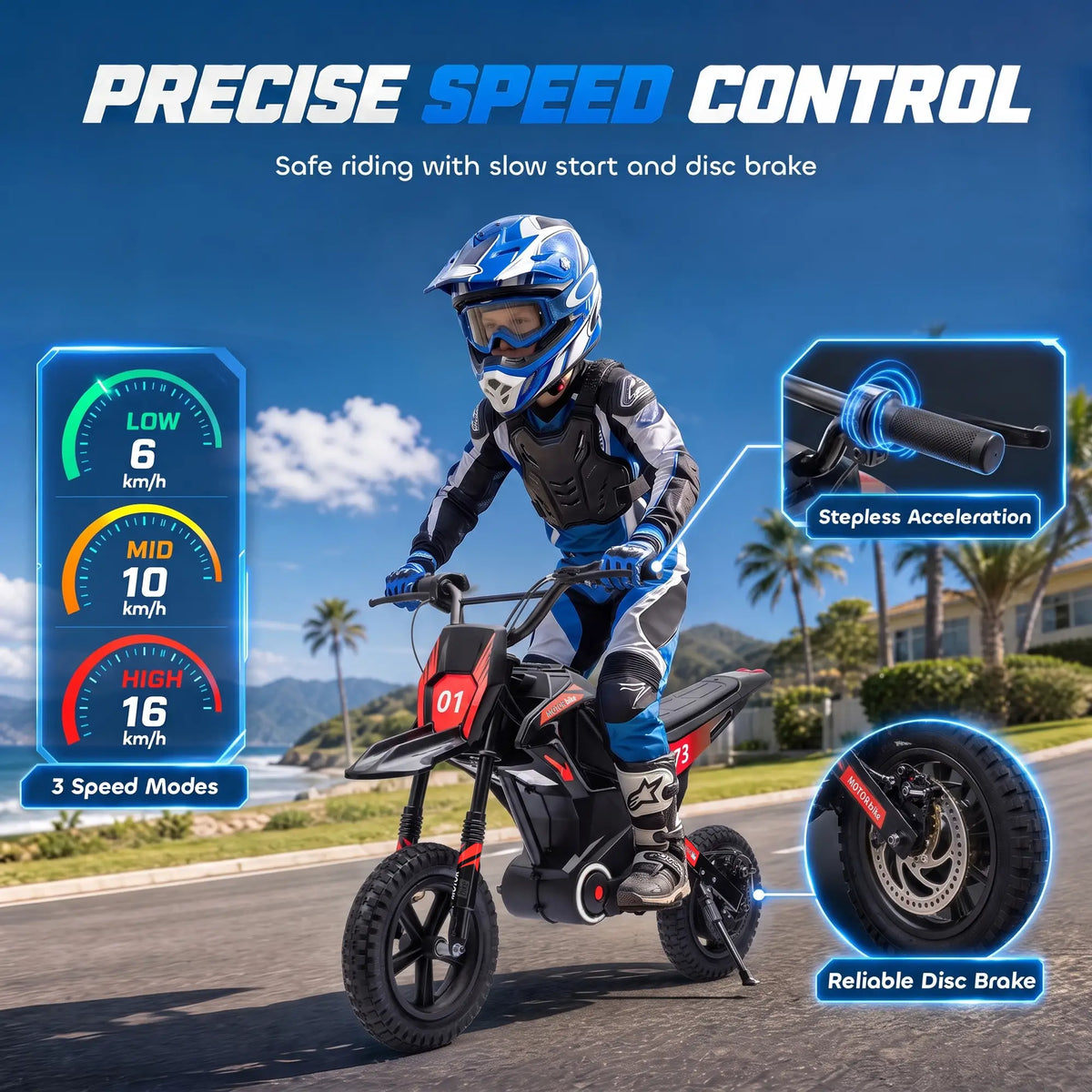 24V Kids Electric Motorcycle, Black, 12" Rubber Tires, Black Electric Motorcycles at Gallery Canada