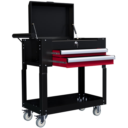 Tool Cart on Wheels Service Cart with 2 Drawers Tray Lockable Flip Top Storage for Garage Warehouse Workshop Black
