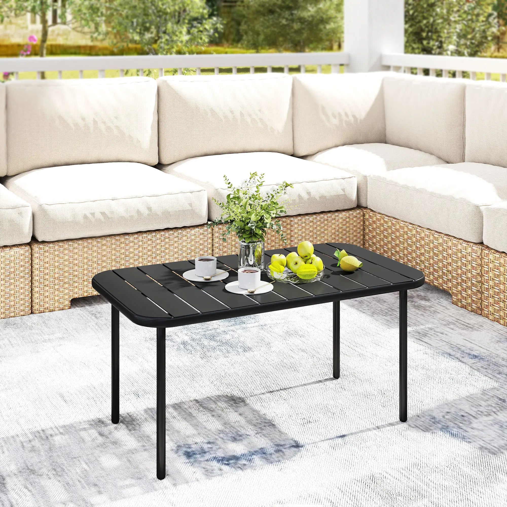 Outdoor Coffee Table, Rectangle Metal Patio Table, All-Weather Slatted Tabletop Patio Side Tables at Gallery Canada