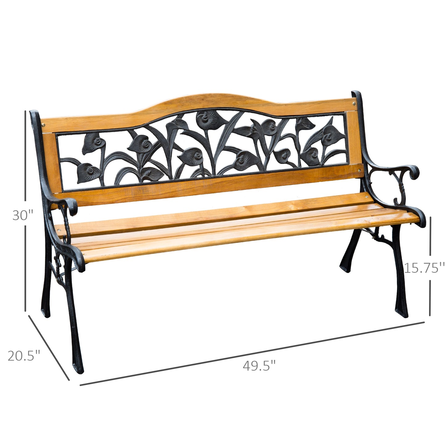 50" 2-Seater Garden Bench, Cast Iron Wooded Loveseat, Natural Outdoor Benches at Gallery Canada