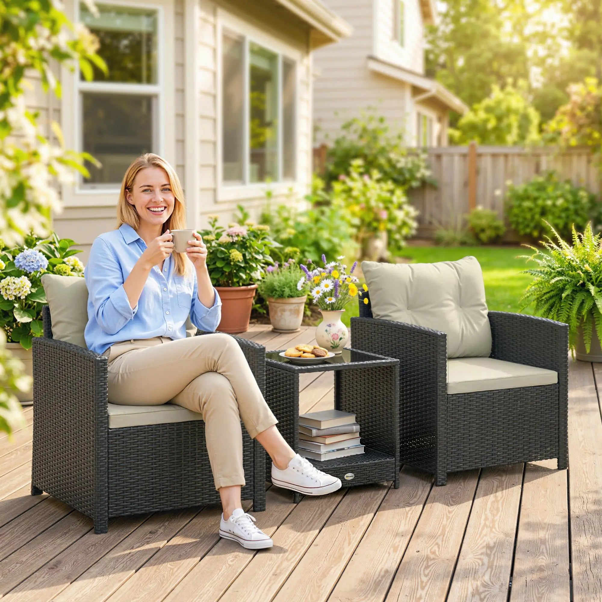 3 Piece Wicker Patio Set, 2-Tier Glass Top Table, Beige Bistro Sets at Gallery Canada