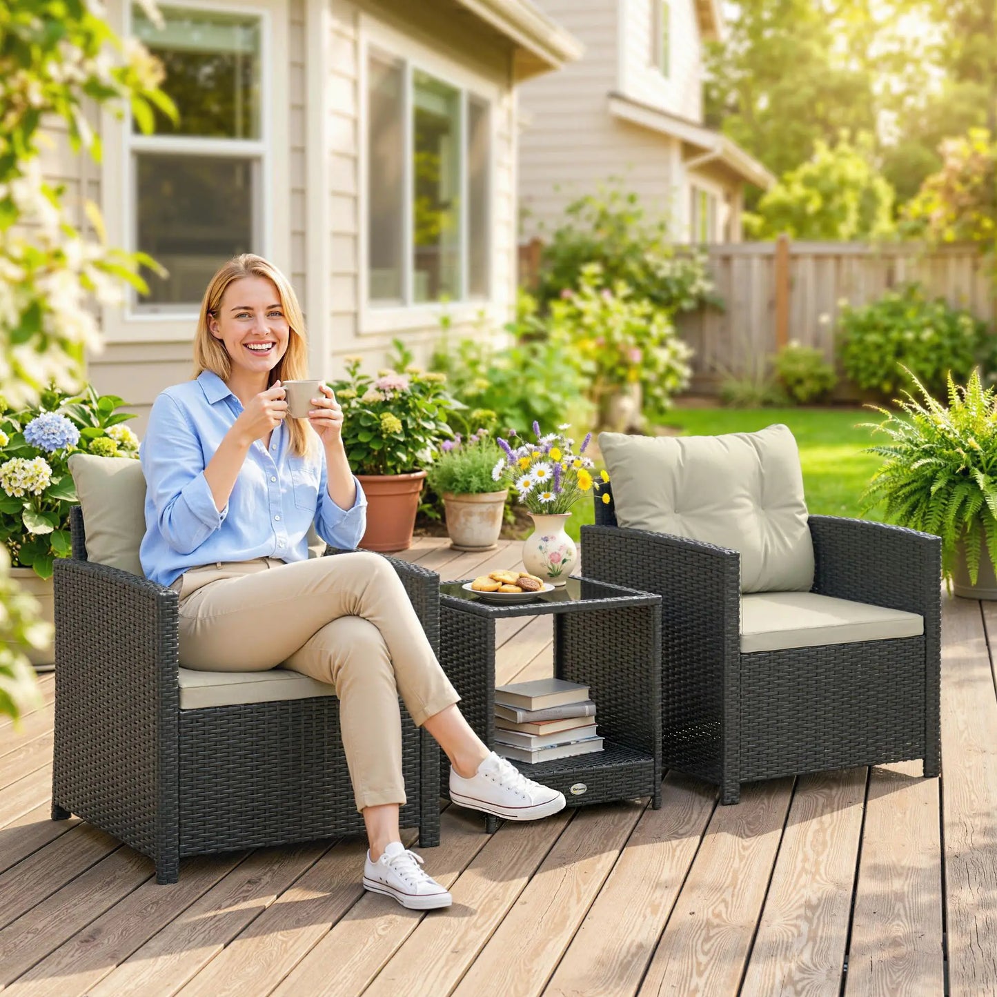 3 Piece Wicker Patio Set, 2-Tier Glass Top Table, Beige Bistro Sets at Gallery Canada
