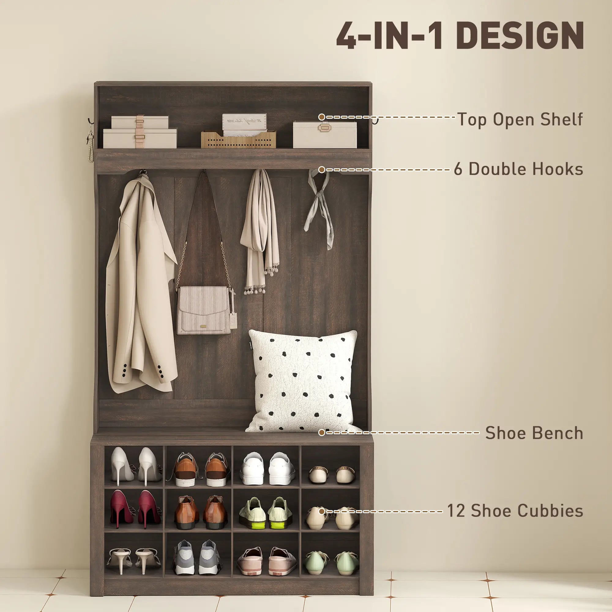 4-In-1 Hall Tree with Bench, Shoe Storage, 12 Cubbies, 6 Hooks, Dark Brown Clothing Storage at Gallery Canada