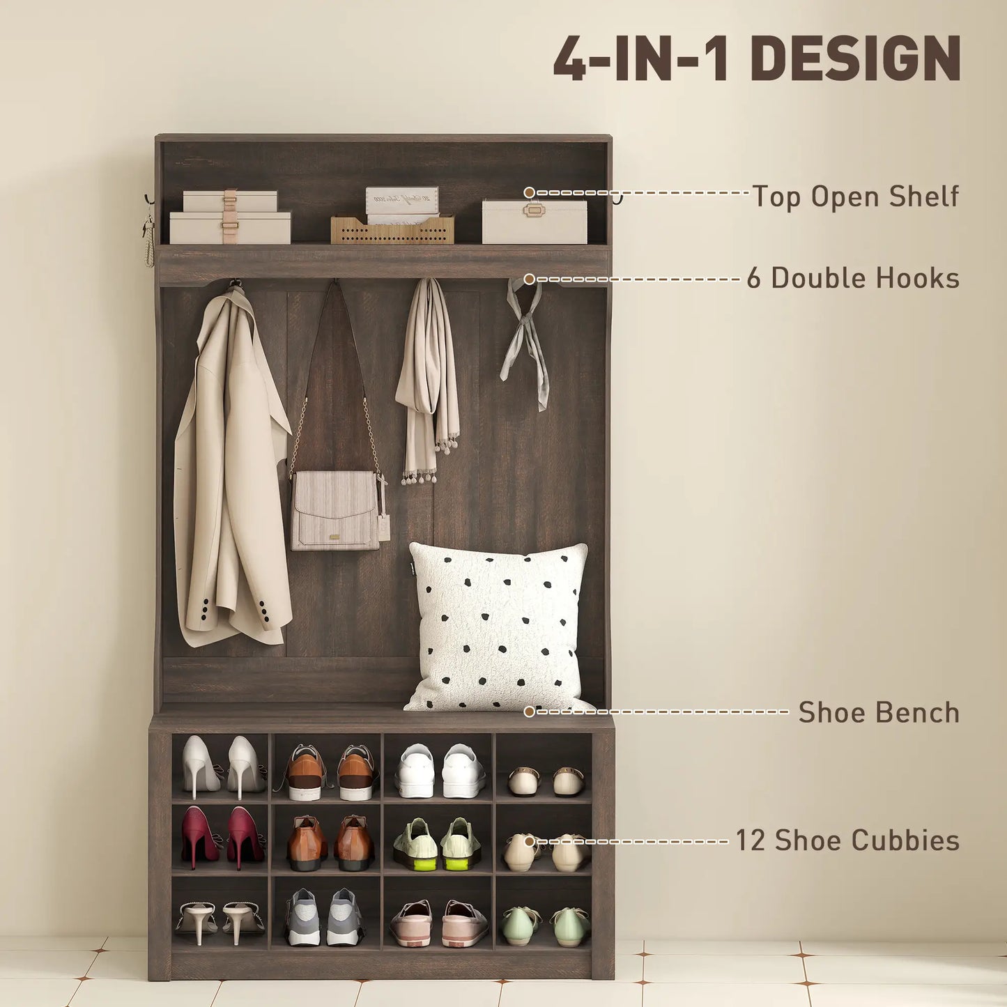 4-In-1 Hall Tree with Bench, Shoe Storage, 12 Cubbies, 6 Hooks, Dark Brown Clothing Storage at Gallery Canada