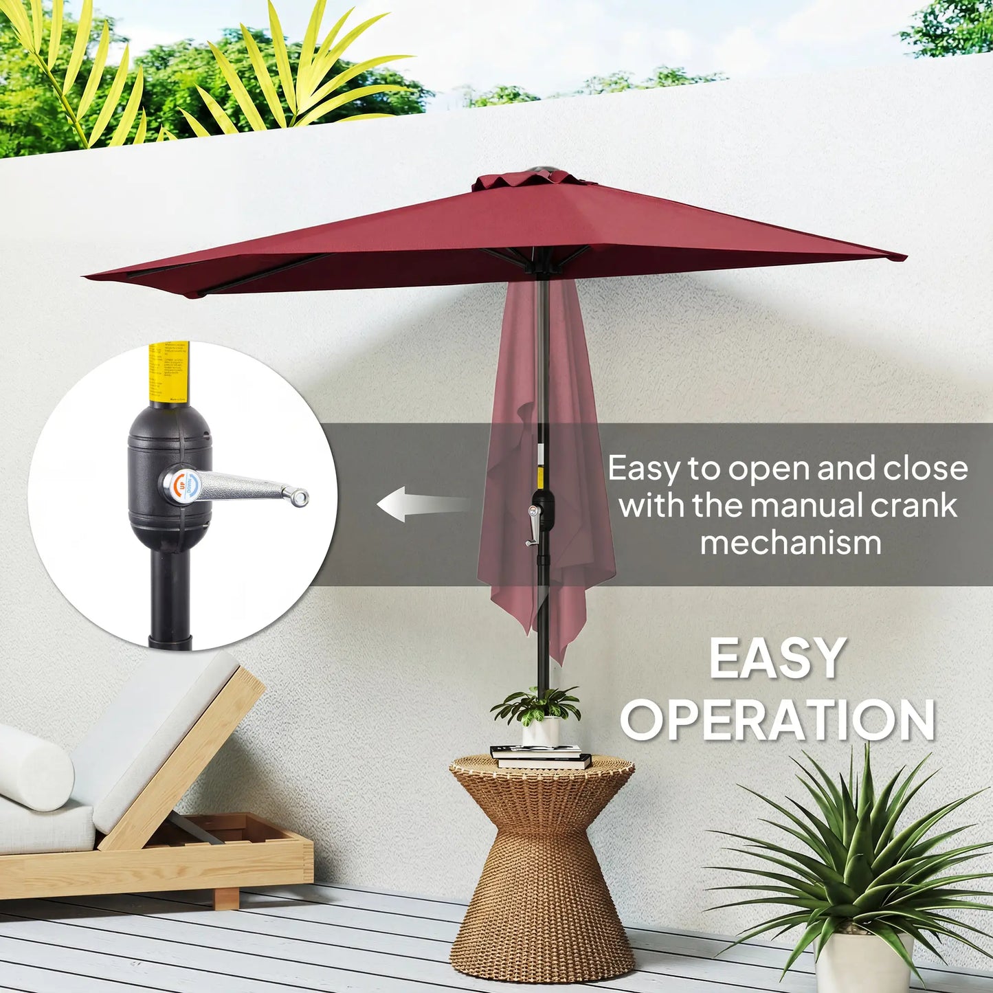 9ft Half Round Patio Umbrella, 5 Ribs, Sun Shade, Wine Red Half Round Umbrellas at Gallery Canada