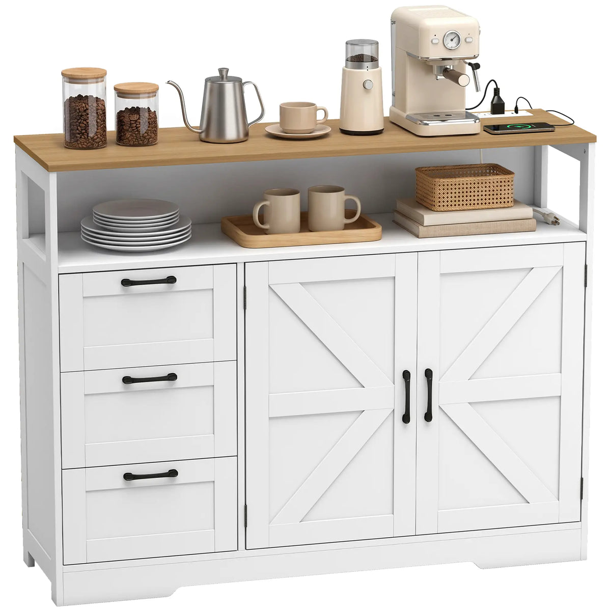 48" Farmhouse Sideboard Buffet Cabinet, 3 Drawers, Charging Station, White