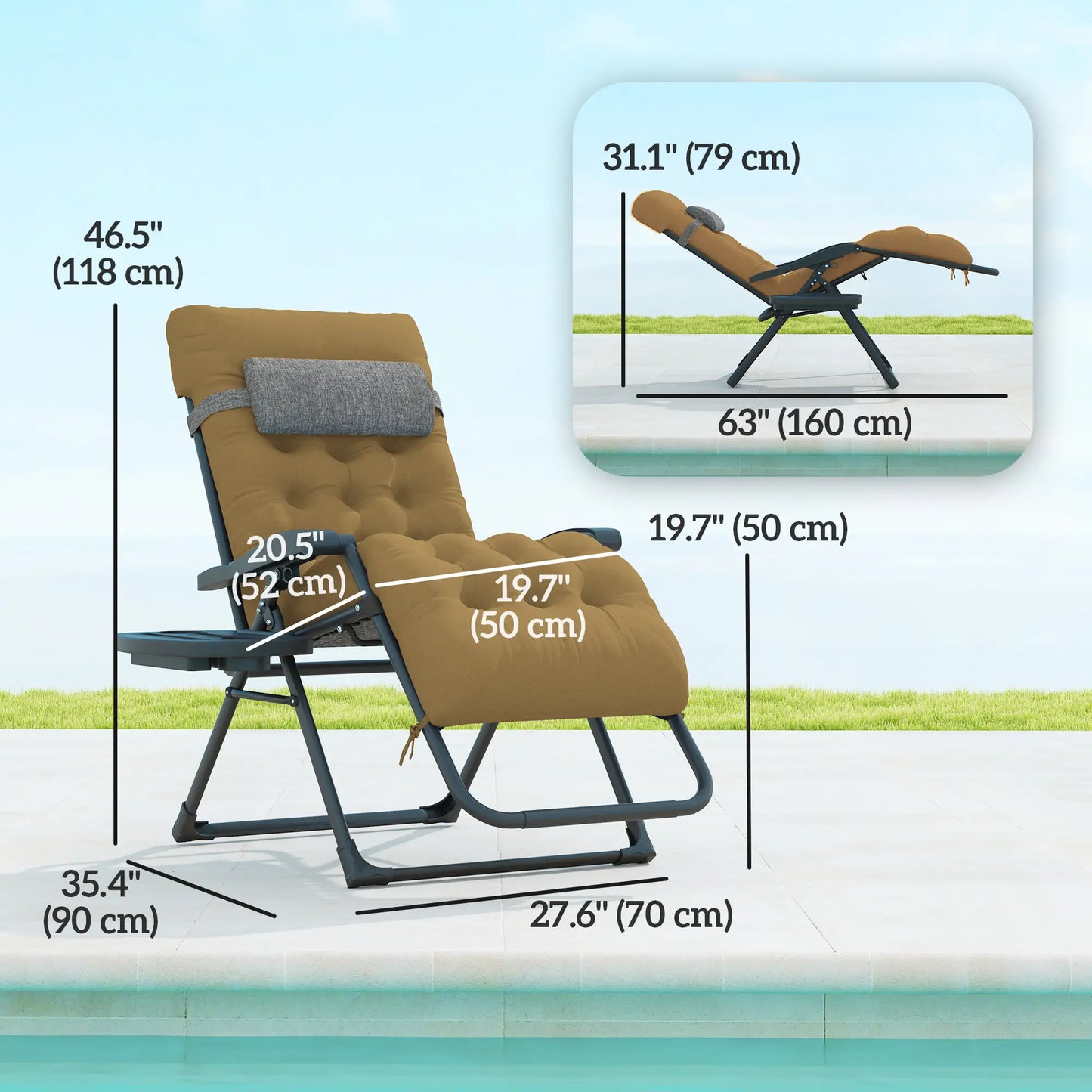 Padded Folding Recliner Chair, Adjustable Backrest, Removable Cushion, Light Khaki Lounger Chairs at Gallery Canada