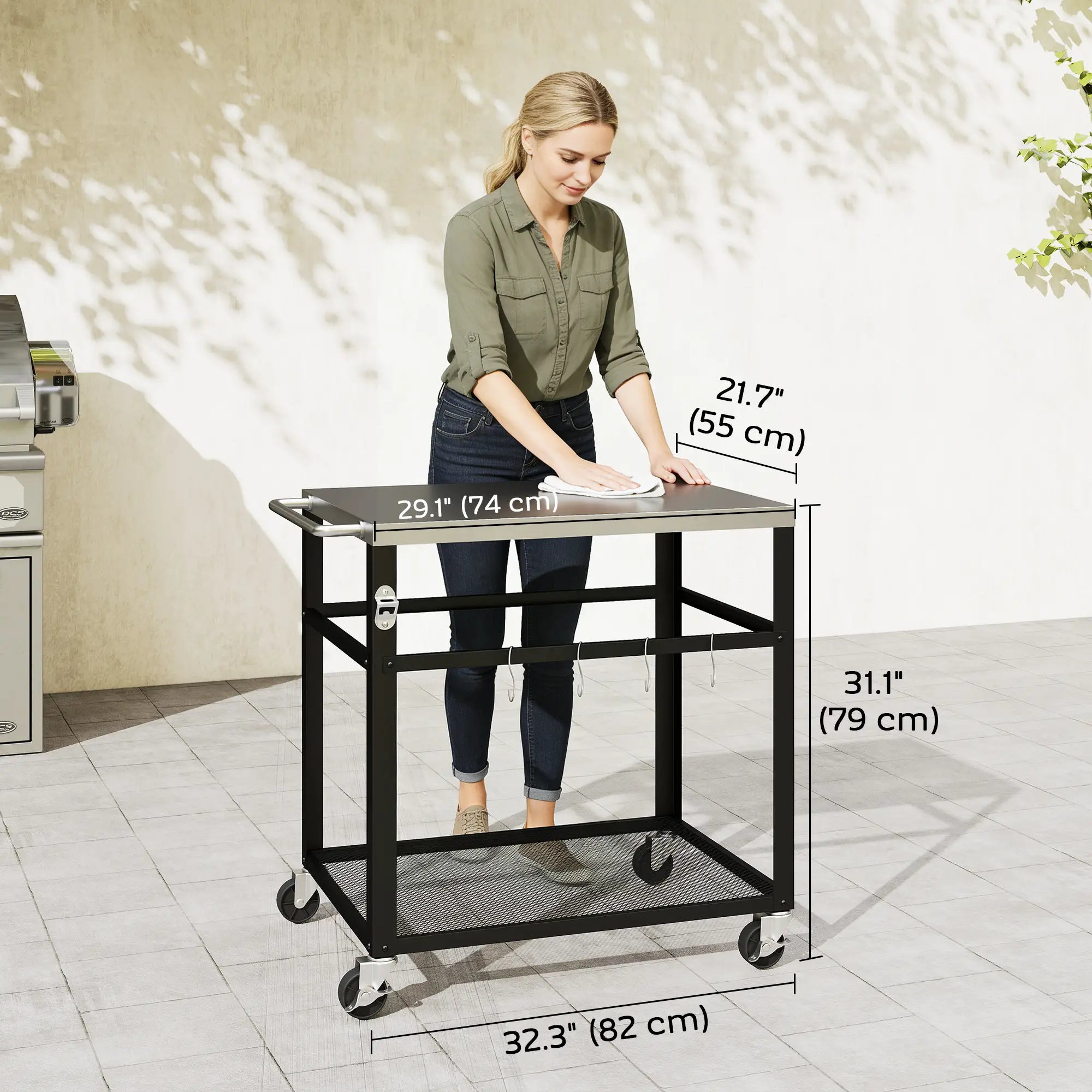Outdoor Grill Cart, Stainless Steel Tabletop, 2-Tier Prep Station, Black Outdoor Grill Carts at Gallery Canada