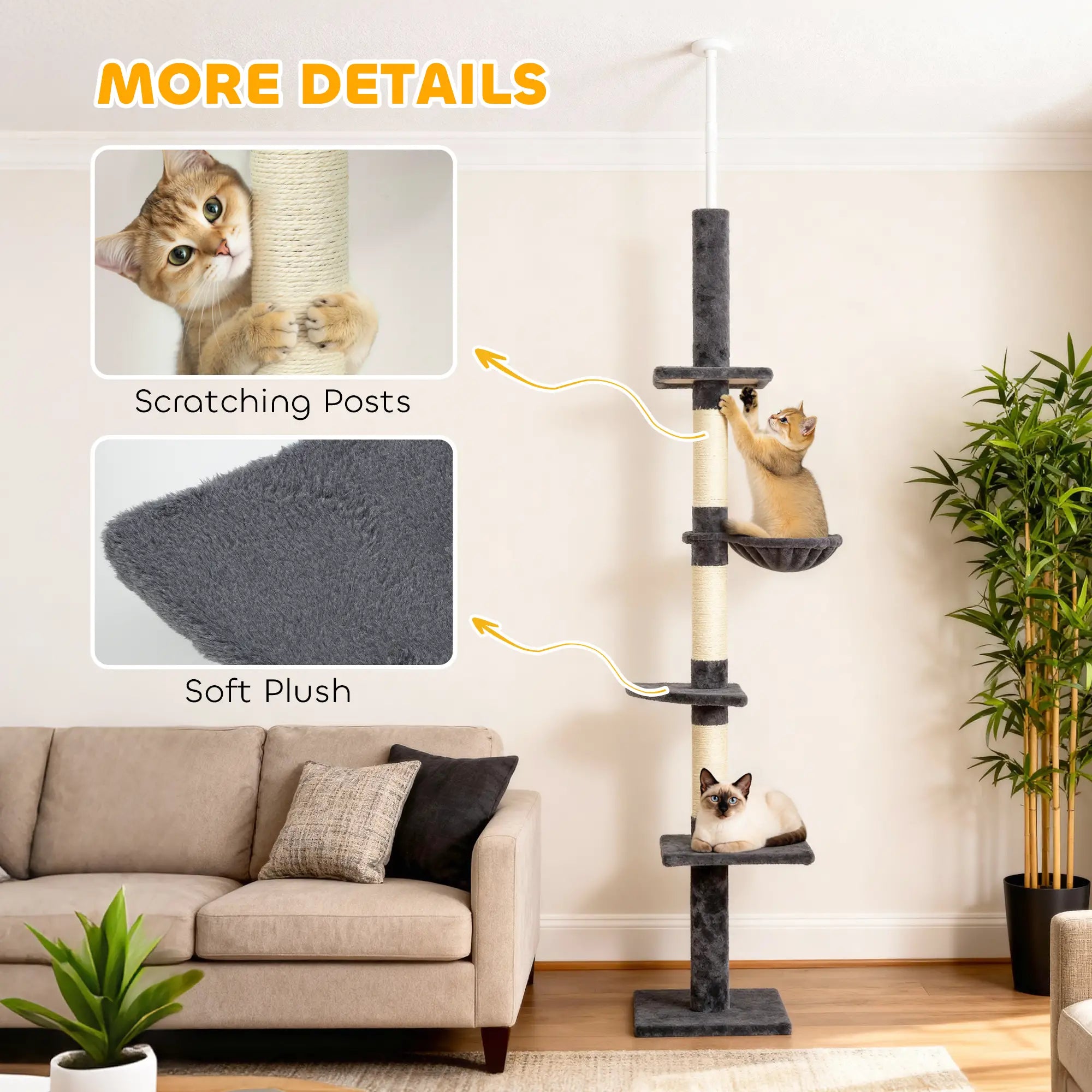 8.5ft Cat Climbing Tree, 5-Tier Activity Center, Scratching Post, Dark Grey Floor to Ceiling Cat Trees at Gallery Canada
