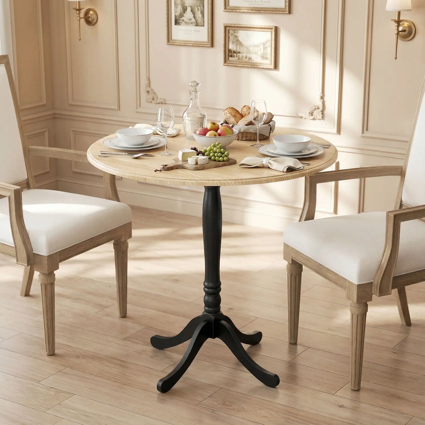 Modern Round Dining Table, 80cm, Natural Wood and Black, Black