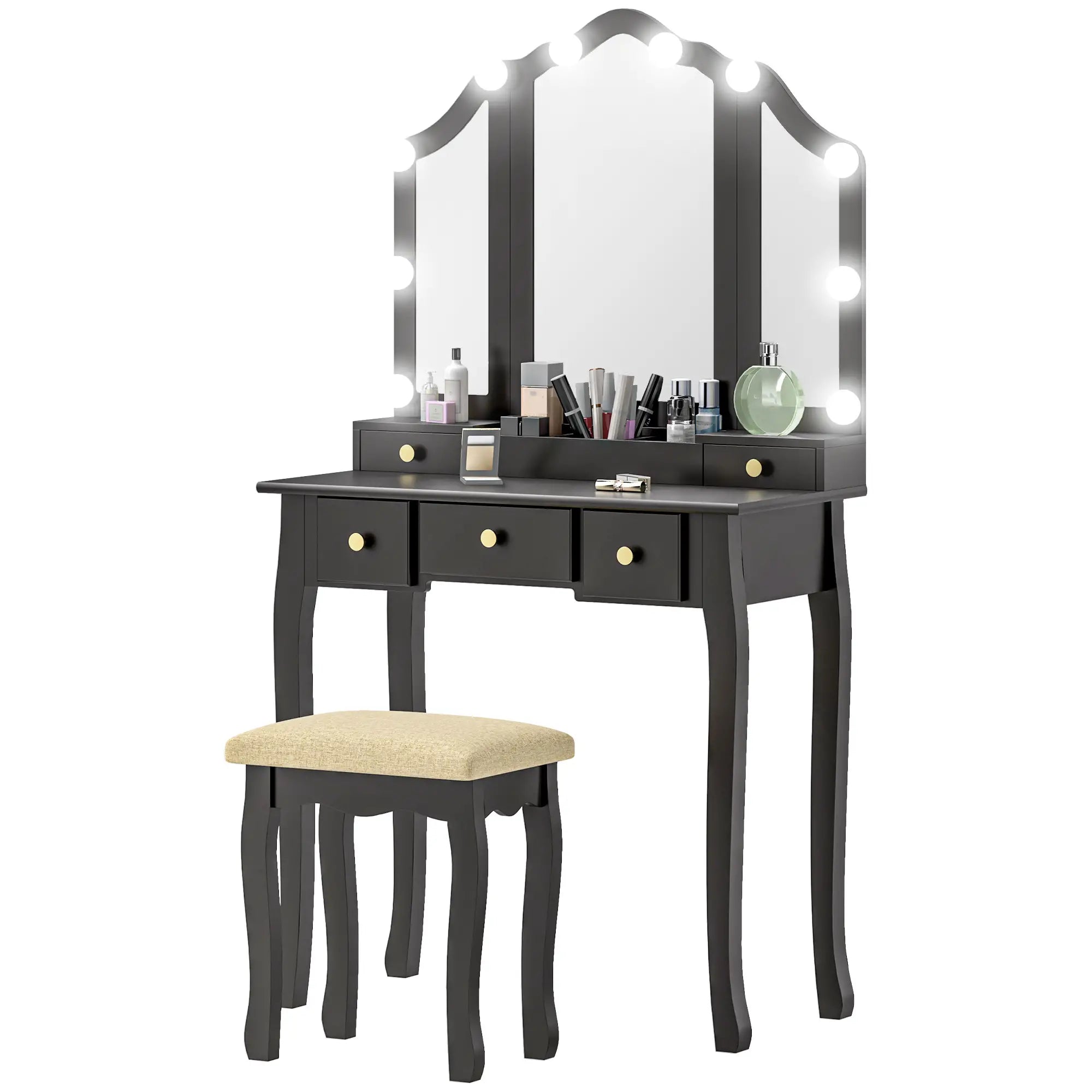 Makeup Vanity Desk with Mirror, Stool, 10 LED Lights, Black Dressing & Vanity Tables Black at Gallery Canada