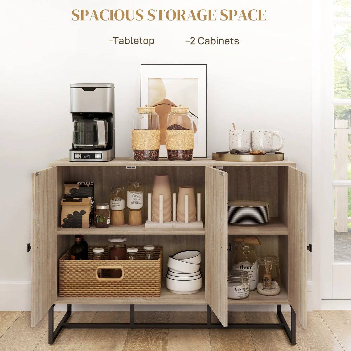 Modern Sideboard, Adjustable Shelves, 3 Chevron Doors, Oak Wood Grain Storage Cabinets at Gallery Canada