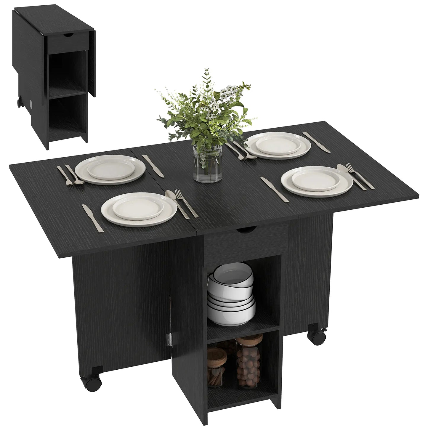Folding Drop Leaf Kitchen Table with Drawer and Shelves, Black Dining Tables at Gallery Canada
