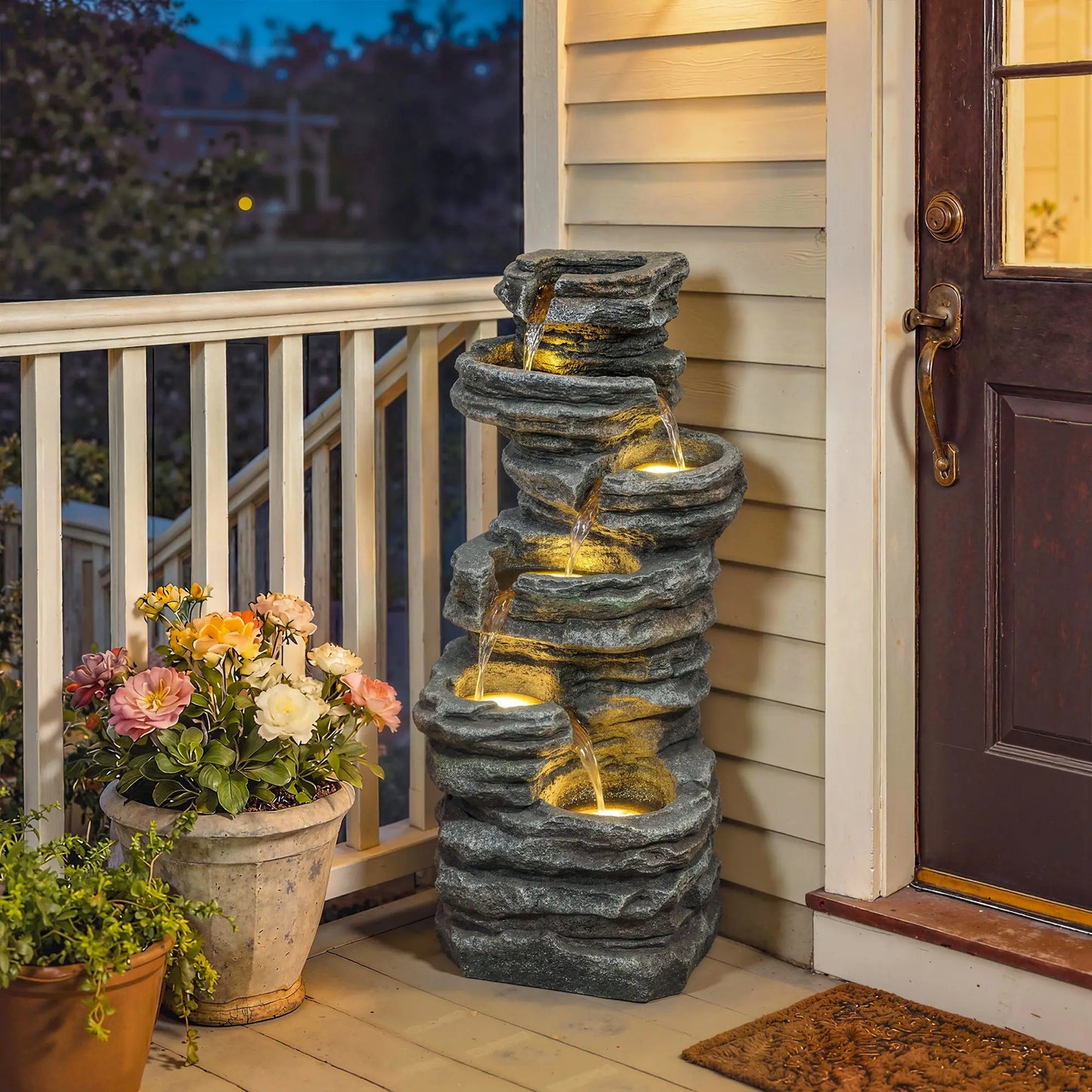 Outdoor 6-Tier Water Fountain, Waterfall With LED Lights, Resin Feature, Grey Water Fountains at Gallery Canada