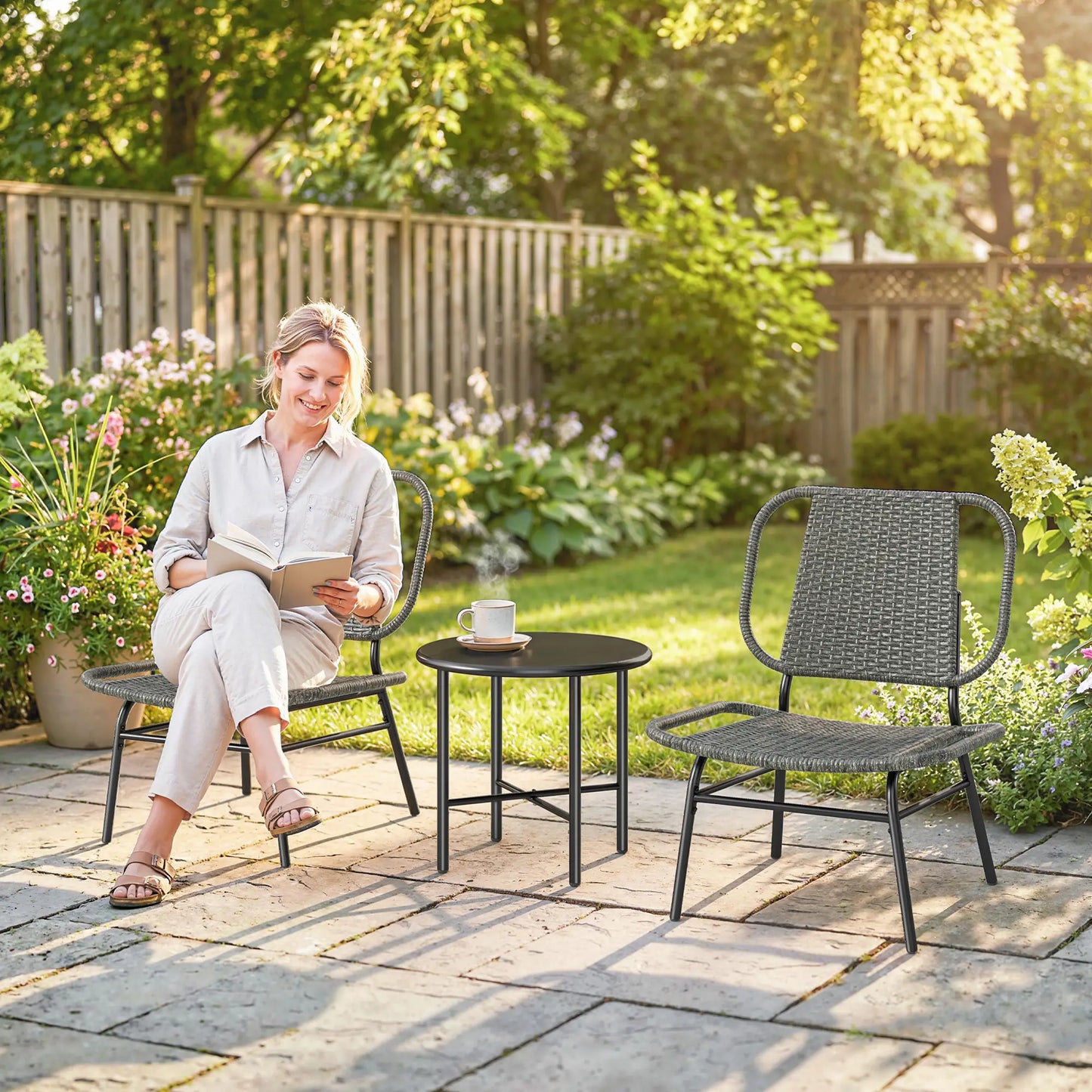 3 Piece Wicker Patio Set, Steel Table, Rattan Outdoor Furniture, Grey Bistro Sets at Gallery Canada